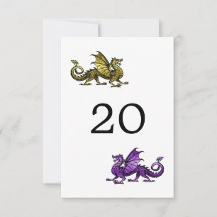 Tarjeta de mesa de boda de dragón púrpura dorado