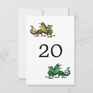 Tarjeta de mesa de boda de dragón verde dorado