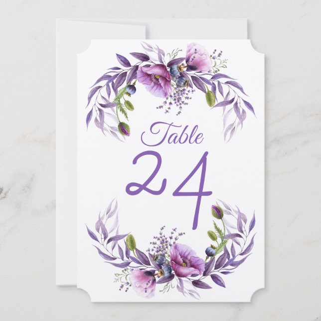 Tarjeta de mesa de boda de flor de amapola lavanda (Anverso)