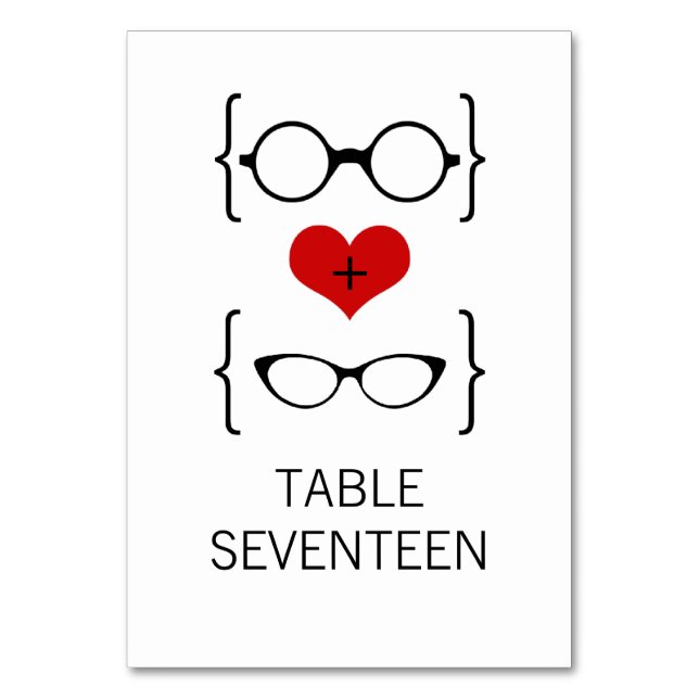 Tarjeta de mesa de Boda de gafas geeky rojas (Anverso)
