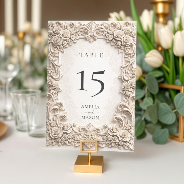 Tarjeta de mesa de boda de marfil ornamentada flor (Subido por el creador)
