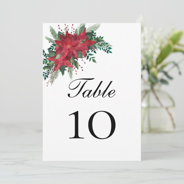 Tarjeta de mesa de boda de Navidad Poinsettia (Anverso de pie)