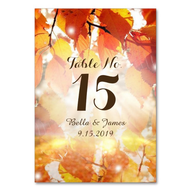 Tarjeta de mesa de boda de otoño de hojas de otoño (Anverso)