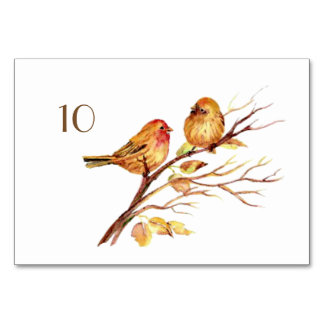 Tarjeta de mesa de boda de pájaros marrones acuare