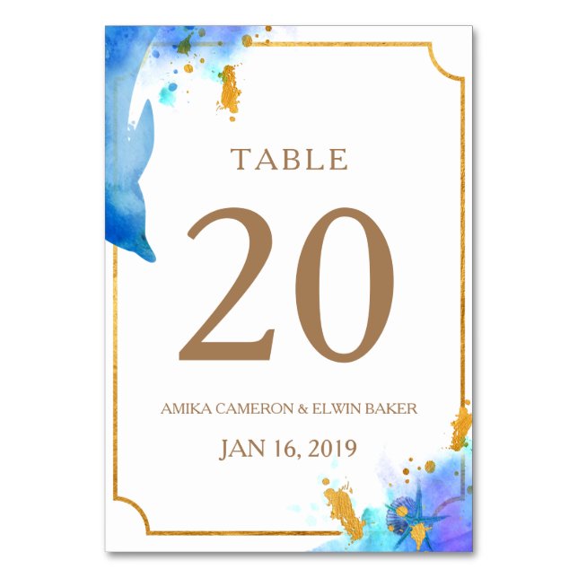 Tarjeta de mesa de Boda delfín azul acuático (Anverso)