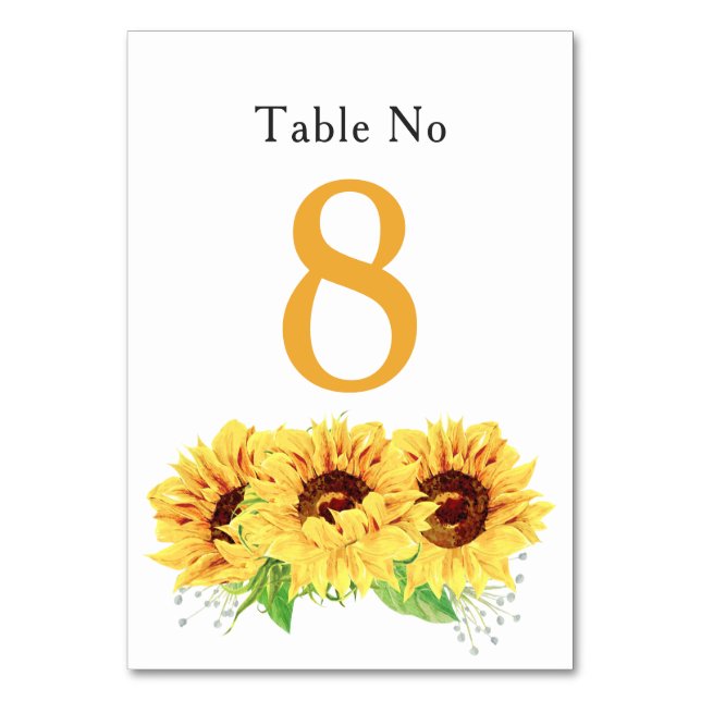 Tarjeta de mesa de Boda floral de girasol amarillo (Anverso)