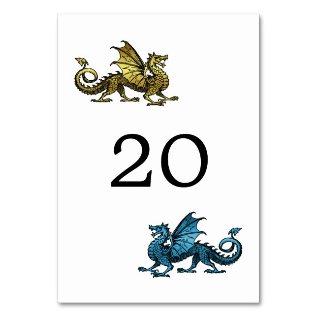 Tarjeta de mesa de Boda Gold Blue Dragon (Anverso)