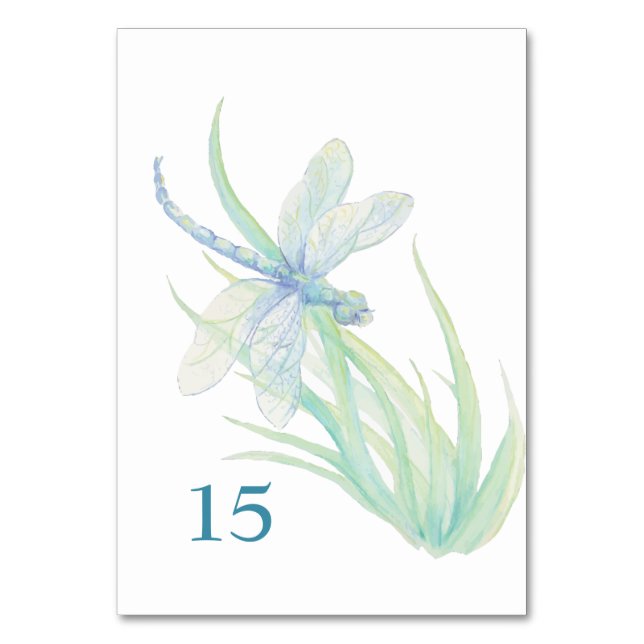Tarjeta de mesa de boda libélula azul verde acuare (Anverso)