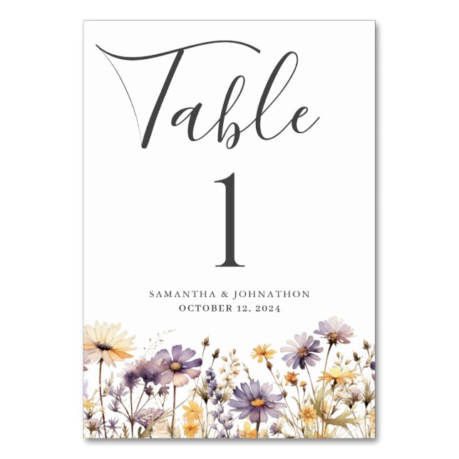 Tarjeta de mesa de Boda morado de flor silvestre (Anverso)