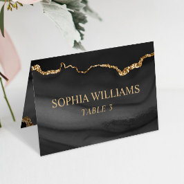 Tarjeta de mesa de boda negra y dorada