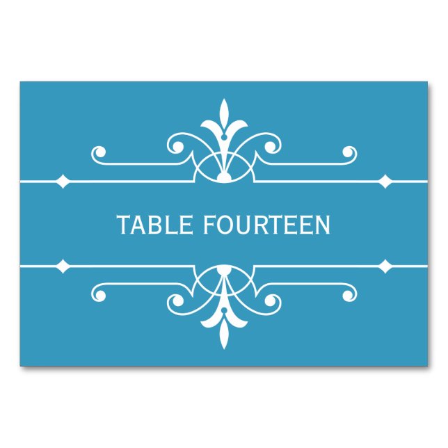 Tarjeta de mesa de boda ornamental elegante azul (Anverso)