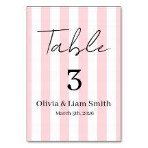 Tarjeta de mesa de boda raya rosa y blanca