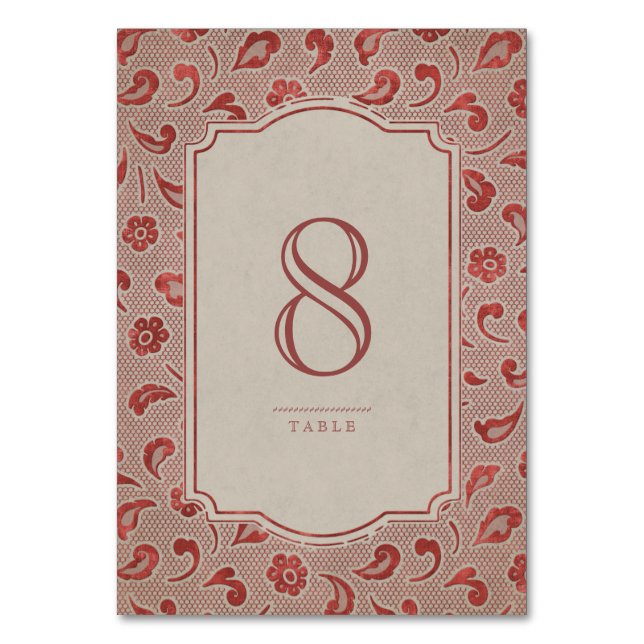 Tarjeta de mesa de boda rústica Kraft red Lace (Anverso)