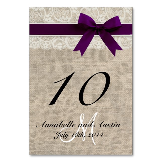 Tarjeta de mesa de Boda Rústico Lace and Burlap -  (Anverso)