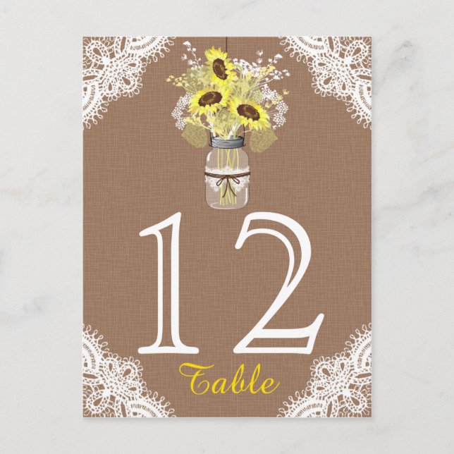 Tarjeta de mesa de Boda Rústico Sunflower Lace Mas (Anverso)
