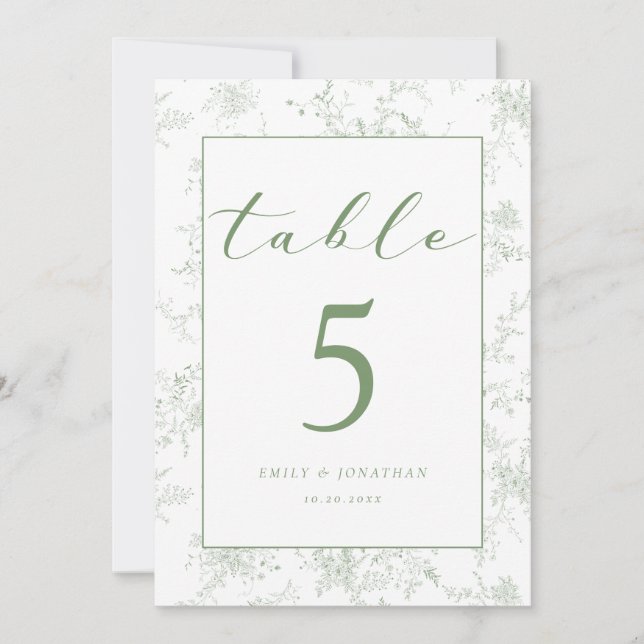 Tarjeta de mesa de boda verde con estampado floral (Anverso)