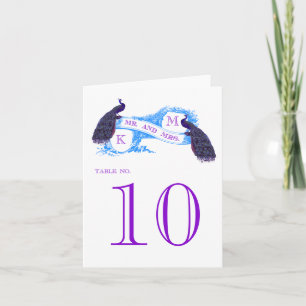 Tarjeta de mesa de bodas malva, azul de pavo real