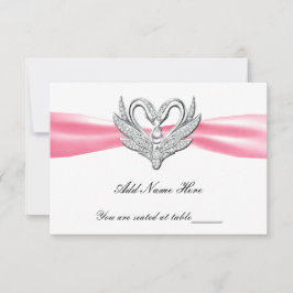Tarjeta de mesa de cisnes de plata con lazo rosa