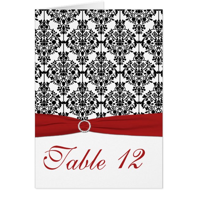 Tarjeta de mesa de damascos rojo, blanco y negro (Frente)