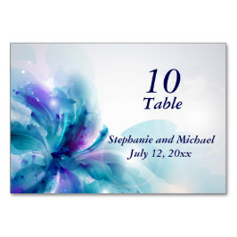 Tarjeta de mesa de diseño floral azul y púrpura