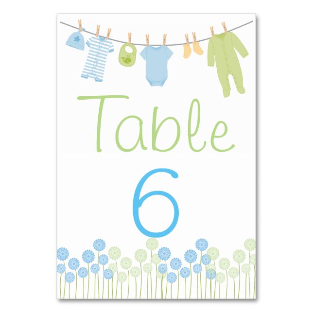 Tarjeta de mesa de ducha de ropa azul y verde (Anverso)