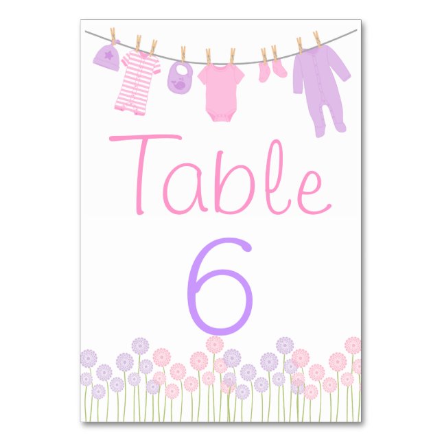 Tarjeta de mesa de ducha de ropa rosa y púrpura (Anverso)