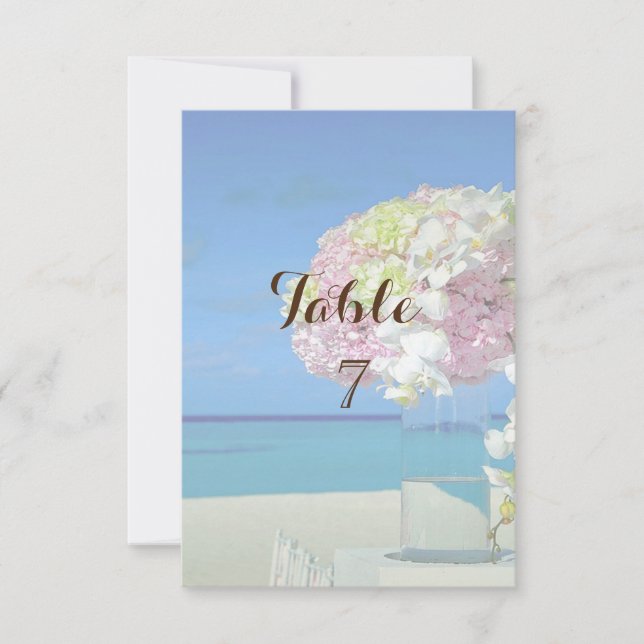 Tarjeta de mesa de flores para boda en la playa (Anverso)