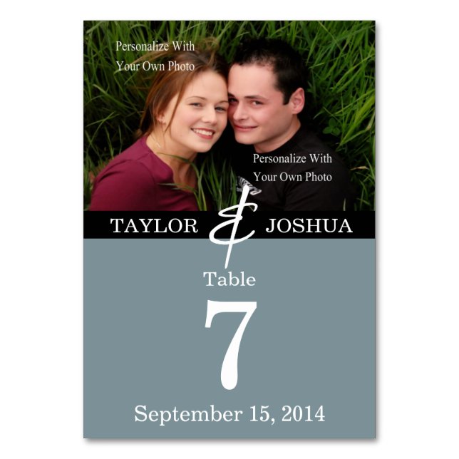 Tarjeta de mesa de fotos azul de pizarra de líneas (Anverso)