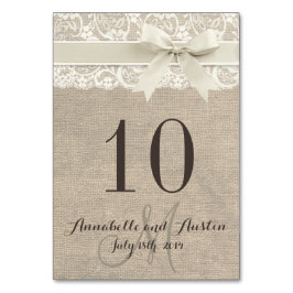 Tarjeta de mesa de la cinta de Boda Rústica Burlap
