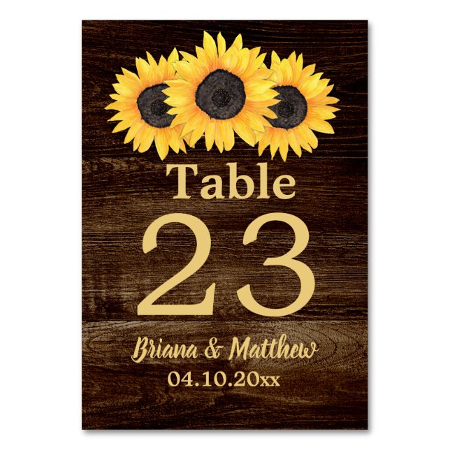 Tarjeta de mesa de madera de girasoles rústicos (Anverso)
