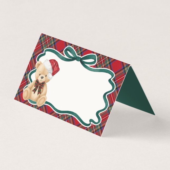Tarjeta de mesa de oso de Navidad con cuadros esco (Anverso)