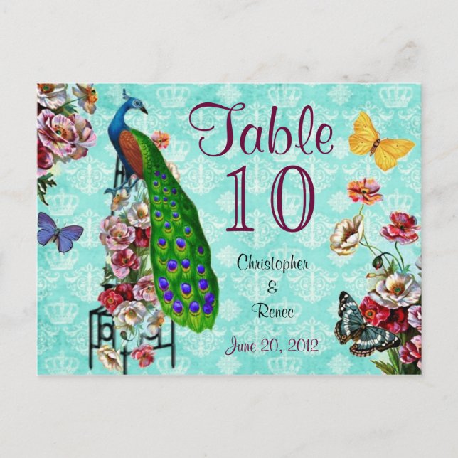 Tarjeta de mesa de pavo real francés desgastado (Anverso)