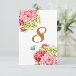 Tarjeta de mesa de peonías y hortensias número 8