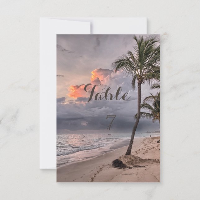 Tarjeta de mesa de playa tropical con palmeras (Anverso)