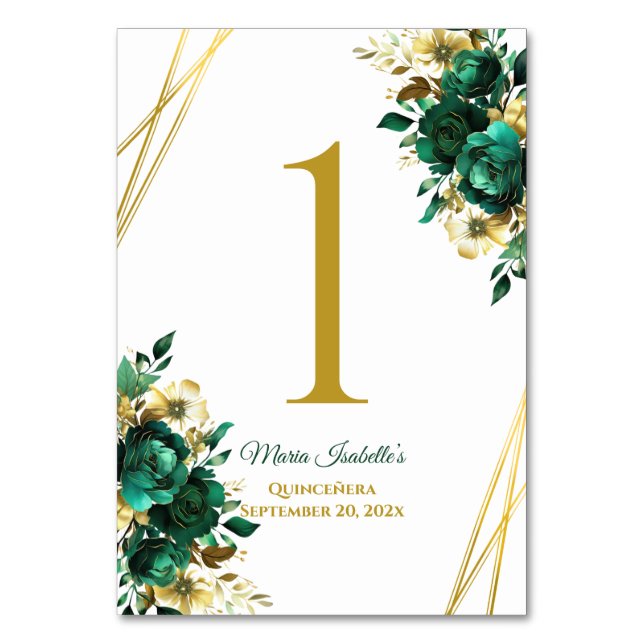 Tarjeta de mesa de Quinceñera verde esmeralda y do (Anverso)