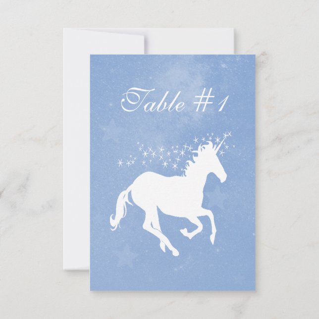 Tarjeta de mesa de recepción de boda azul unicorni (Reverso)