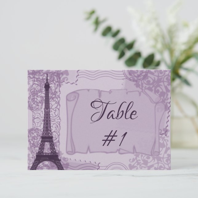 Tarjeta de mesa de recepción parisina morada (Anverso de pie)
