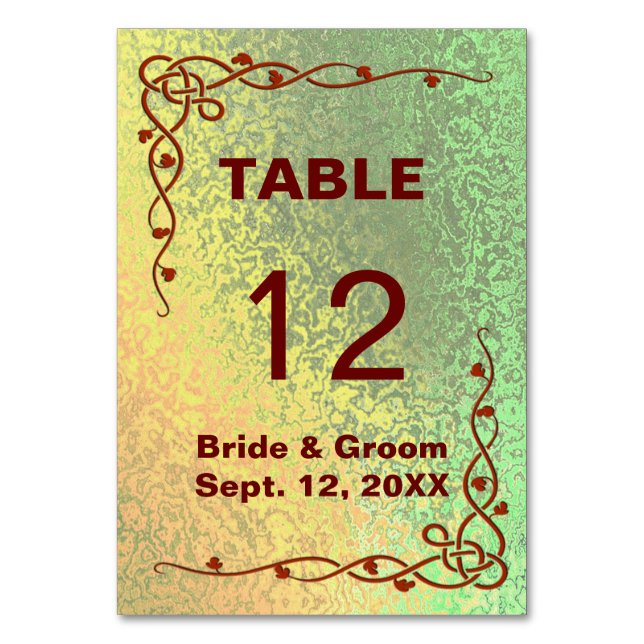 Tarjeta de mesa de tonos verdes de Boda amarillo e (Anverso)