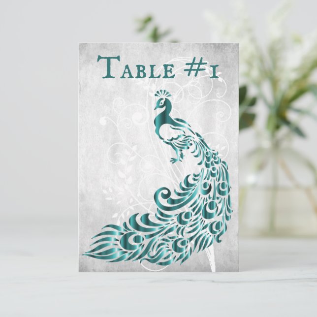 Tarjeta de mesa de vid de hoja de pavo real teal (Anverso de pie)