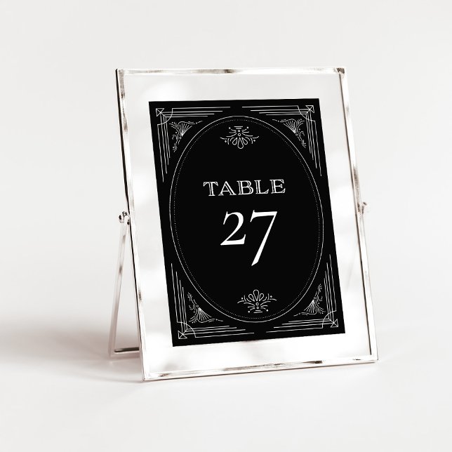 Tarjeta De Mesa Deco moderno | Elegante Boda blanco y negro onyx (An elegant, art deco style wedding table number in dark onyx black and white)