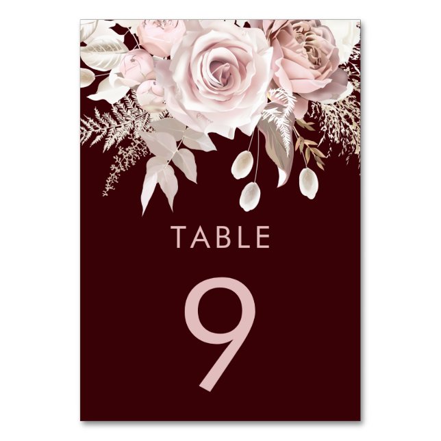 Tarjeta De Mesa Deep Burgundy & Blush Floral Wedding Reception (Anverso)