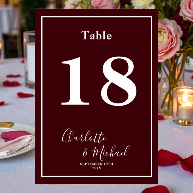 Tarjeta De Mesa Deep Burgundy Script Minimalist Wedding (Subido por el creador)