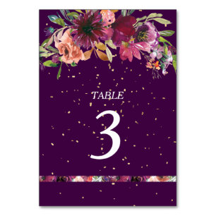 Tarjeta De Mesa Deep Purple Vivid Floral Gold Confetti Boda