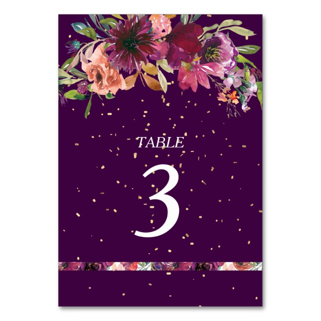 Tarjeta De Mesa Deep Purple Vivid Floral Gold Confetti Boda (Anverso)