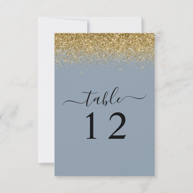 Tarjeta de mesa del Boda Dusty Blue & Gold Purpuri (Anverso)