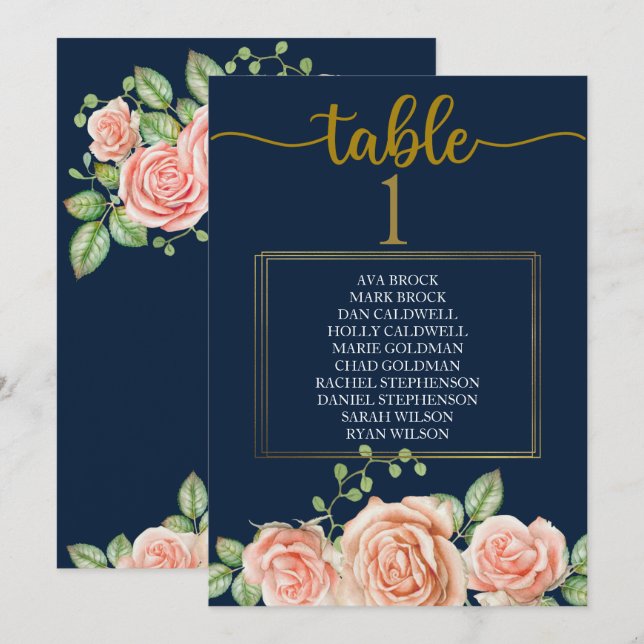 Tarjeta de mesa del plan de asiento Navy Blue Gold (Anverso / Reverso)
