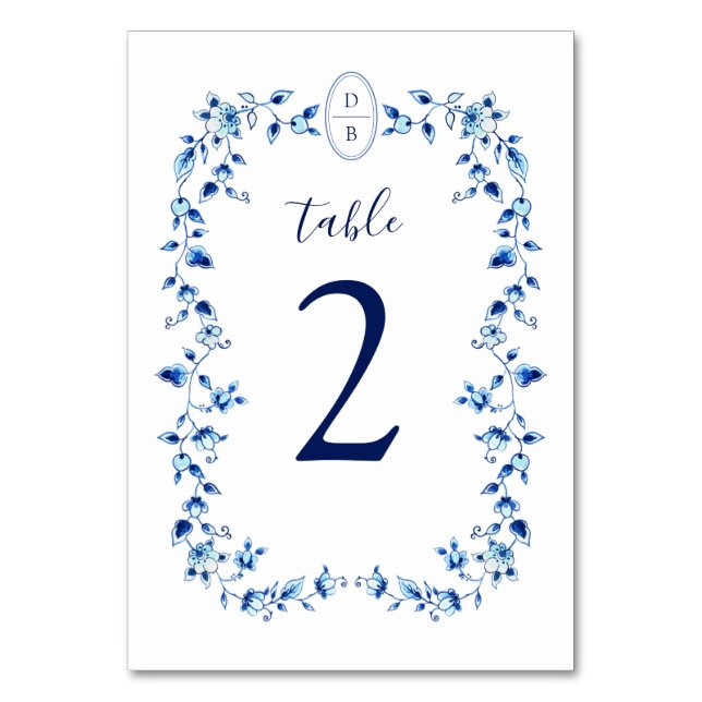 Tarjeta De Mesa Delft azul y blanco monogramado (Anverso)