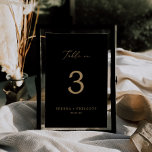 Tarjeta De Mesa Delicada caligrafía de oro | No de la mesa negra<br><div class="desc">Esta delicada caligrafía dorada de la mesa negra no. el número de la mesa es perfecto para un boda moderno. El romántico diseño minimalista presenta una encantadora y elegante tipografía de champán amarillo dorado sobre un fondo negro con un aspecto limpio y sencillo. La tarjeta se imprime en la parte...</div>