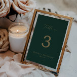 Tarjeta De Mesa Delicada caligrafía de oro | Número de la tabla ve<br><div class="desc">Esta delicada mesa verde de caligrafía dorada no. el número de la mesa es perfecto para un boda moderno. El romántico diseño minimalista presenta una encantadora y elegante tipografía de champán amarillo dorado sobre un fondo verde esmeralda con un aspecto limpio y sencillo. La tarjeta se imprime en la parte...</div>