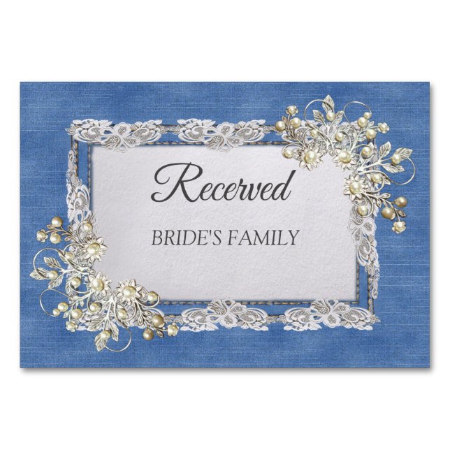 Tarjeta De Mesa Denim Textured Lace and Pearls (Anverso)